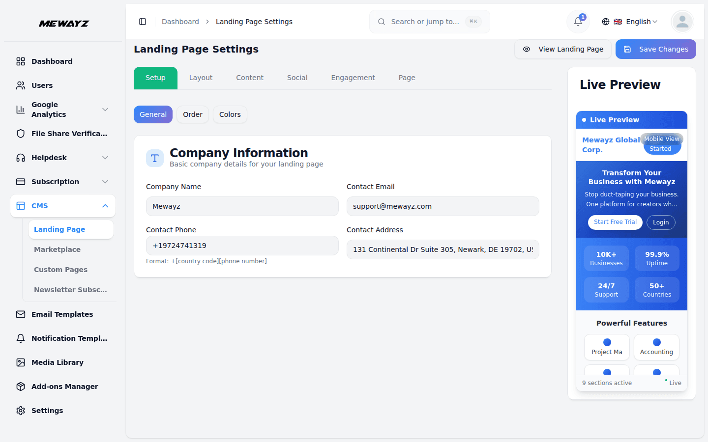 Mewayz white-label admin — customize your landing page, logo, and branding